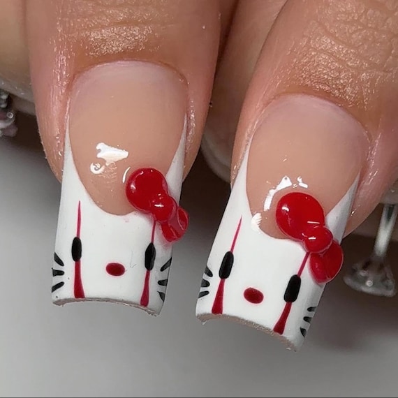 Handmade Halloween Kawaii Press On Nails | Frankenstein, Mummy & Cute Characters with Bows | Long Square Nails For Spooky Vibes