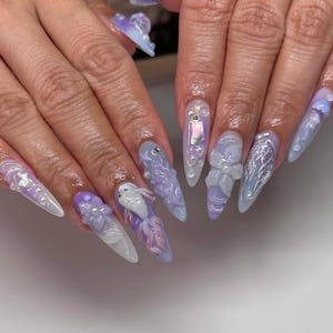 Handmade Jellyfish Ocean Press On Nails | 3D Sea Creatures, Iridescent Glow, Bubbles & Pearls | Stiletto Nails For Deep Sea Fantasy Vibe
