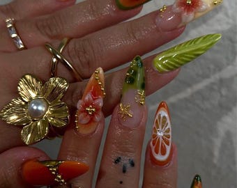 Handmade Tropical Fruit Press On Nails | 3D Papaya, Citrus, Flower, Leaf & Gold Detail Art | Stiletto Nails For Summer Vacation Vibe
