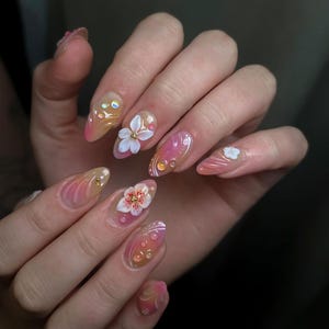 Handmade Peach Pink Floral Press On Nails | 3D White Blossom & Jelly Gradient Design | Glossy Almond Nails for Spring Party or Gift