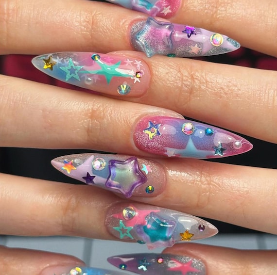 Handmade 3D Jelly Star Press On Nails, Y2K Kawaii Pink Blue Aura Fake Nails, Holographic Glitter Stiletto Manicure