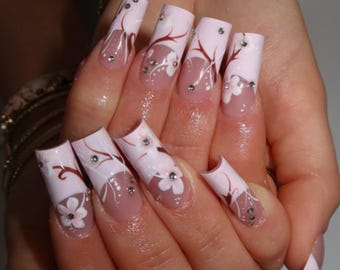 Handmade Pink Floral French Press On Nails | White Flowers, Red Vines & Rhinestone Accents | Long Square Nails For Elegant Vibes