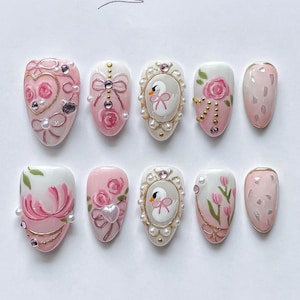 Handmade Pastel Swan Romance Press On Nails | Pink Roses, Bows & Gold Frame Charms with Swan Cameos | Oval Nails for Elegant Princess Look