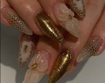 Handmade Vintage Glam Press On Nails | Gold Embossed Patterns, 3D Flowers & Elegant Pearls | Stiletto Nails For Luxe Vibes