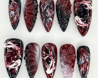 Handmade Red & Black Floral 3D Press-On Nails | Water Petals, Swirl Flames, Bubble Texture, Glossy Finish | Gothic, Deep Sea Nail Art Set