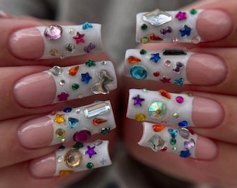 Handmade Glam Rhinestone Press On Nails | Colorful Gems, 3D Chunky Crystals & White Tips | Long Square Nails For Sparkly Party Vibes