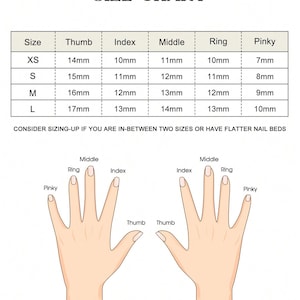 May include: A size chart for nail sizing, with measurements in millimeters for thumb, index, middle, ring, and pinky fingers. The chart includes sizes XS, S, M, and L, with corresponding measurements. The image also shows hand diagrams.