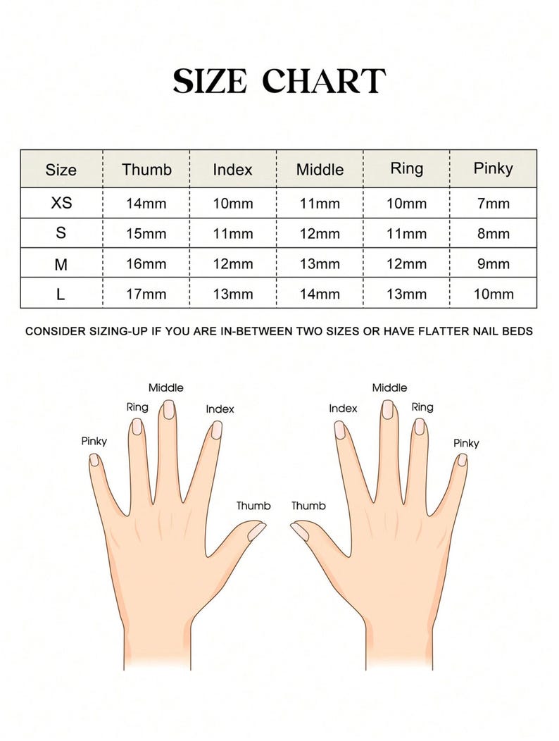 May include: A size chart for nail sizing, with measurements in millimeters for thumb, index, middle, ring, and pinky fingers. The chart includes sizes XS, S, M, and L, with corresponding measurements. The image also shows hand diagrams.