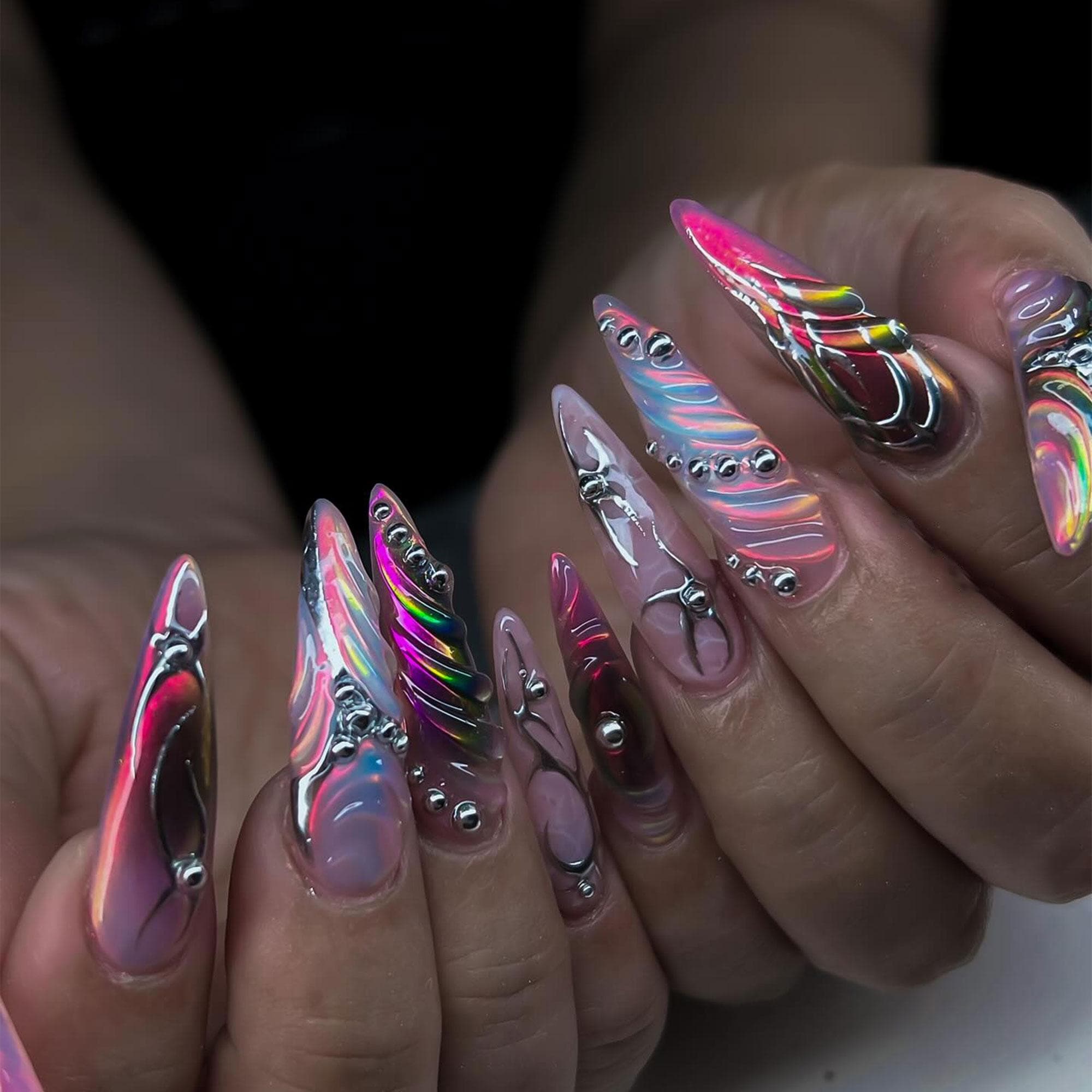 Y2K Rainbow Chrome Press On Nails | 3D Gel Swirl Nail Art with Metallic Beads | Long Stiletto Holographic Nails | Handmade Futuristic Set