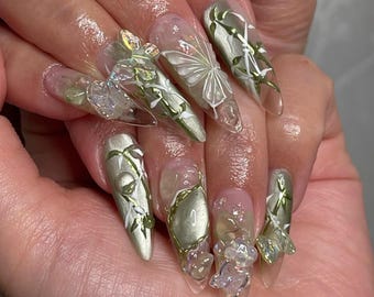 Handmade Enchanted Garden Press On Nails | 3D Butterflies, Crystals & Olive Green Leaf Art | Stiletto Nails For Elegant Nature Vibe