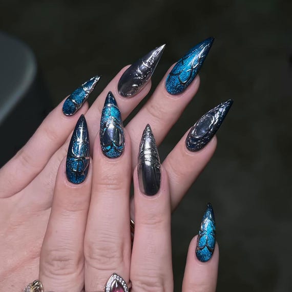 Galaxy Chrome Press On Nails | Metallic Black & Blue Cat Eye with 3D Alien Patterns | Handmade Long Stiletto Nail Art Set