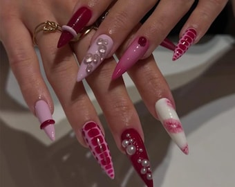 Handmade Red Kiss Pearl Press On Nails | 3D Pearls, Lip Prints & Glossy Hearts | Stiletto Nails For Romantic Glam Vibes