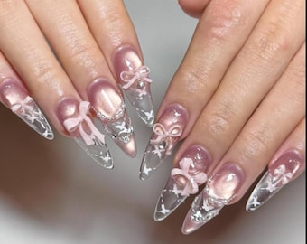 Luxus Romantische Schleife Drücken Sie auf die Nägel | 3D Bänder, Perlen & klare rosa Sparkle Art | Handgefertigte Elegante Braut Nägel