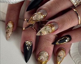 Handmade Gothic Baroque Press On Nails | Black Matte with Gold Frames & Vintage Rose Art | Elegant Victorian Nail Design