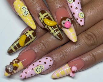 Handmade Monkey Banana Press On Nails | Chocolate Grid, 3D Bananas, Polka Dots & Cute Monkeys | Stiletto Nails For Playful Vibes