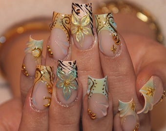 Handmade Elegant Mint Bloom Press On Nails | 3D Floral Art, Gold Baroque Swirls & Soft Zebra Accents | Long Square Nails For Luxe Vintage