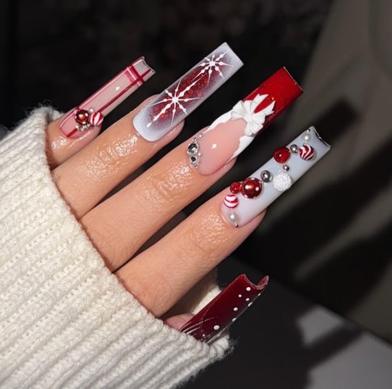 Handmade Christmas Glam Press On Nails | Red & White Candy Pearls, Snowflakes and Bow 3D Art | Long Coffin Nails For Festive Elegant Vibes