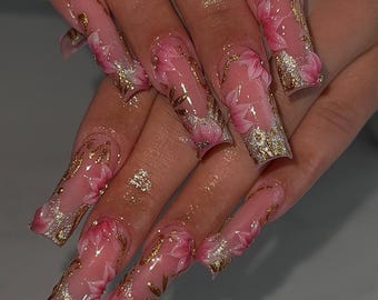 Handmade Elegant Floral Press On Nails | Pink 3D Petals, Gold Foil Accents & Clear Gloss Base | Long Square Nails For Romantic Glam Vibes