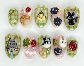 Handmade Studio Ghibli Press On Nails | 3D Totoro, Jiji & Soot Sprite with Cute Food Art | Oval Nails for Anime Lovers