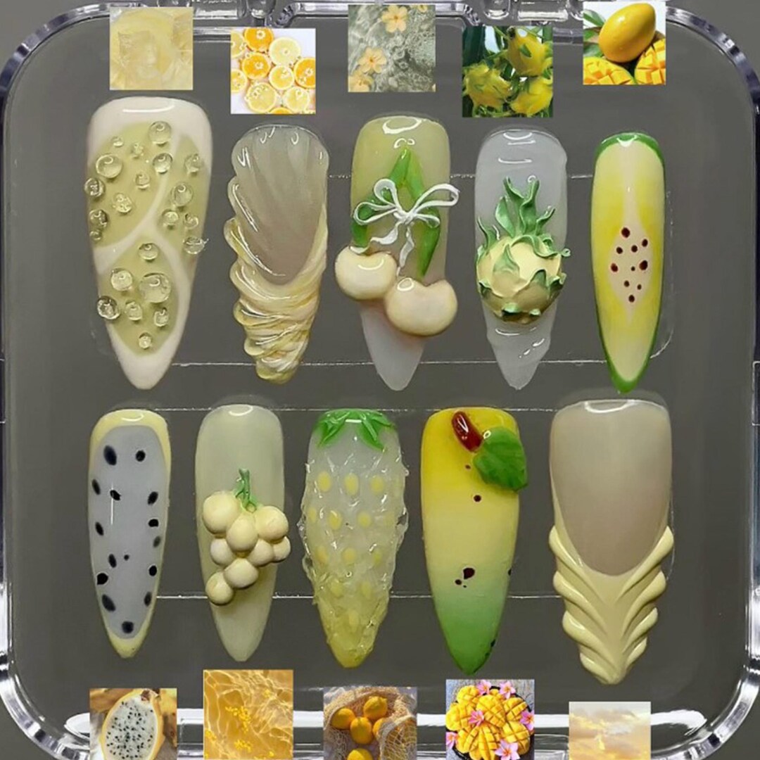 Handmade Yellow Fruit Garden Press on Nails | 3D Lychee, Mango, Dragon ...