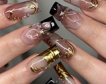 Handmade Elegant Luxury Press On Nails | 3D Black & Gold Tips, Pearls and Swirl Art With Gloss Finish | Coffin Nails For Glam Party Vibe