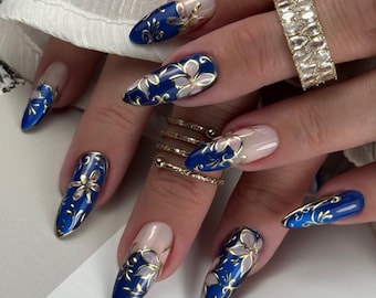 Handmade Royal Blue Press On Nails | Gold Floral Art & Glossy Detailing | Almond Nails For Elegant Luxury Vibes