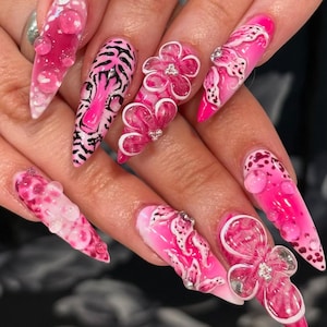 Handmade Hot Pink Safari Press On Nails | 3D Leopard Butterfly Flowers & Zebra Print | Long Stiletto Nails for Bold Party or Y2K Look