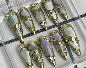 Luxury Press On Nails – Gold Frame Stained Glass in Purple Grey Jewel Tones
