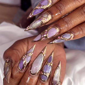 Handmade Fantasy Gothic Press On Nails | Purple Metallic Gemstones, Gold 3D Frames & Crystal Accents | Stiletto Nails For Royal Vibes