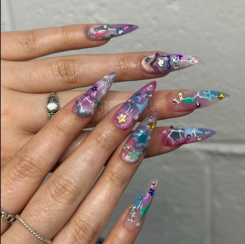Handmade 3D Jelly Star Press On Nails, Y2K Kawaii Pink Blue Aura Fake Nails, Holographic Glitter Stiletto Manicure image 2