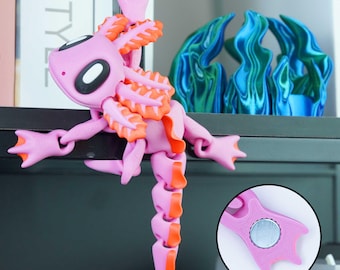 Aimant de réfrigérateur axolotl imprimé en 3D, joli ornement axolotl avec support en corail, décoration de réfrigérateur de bureau à la maison, cadeaux d'anniversaire de Noël pour les enfants elle