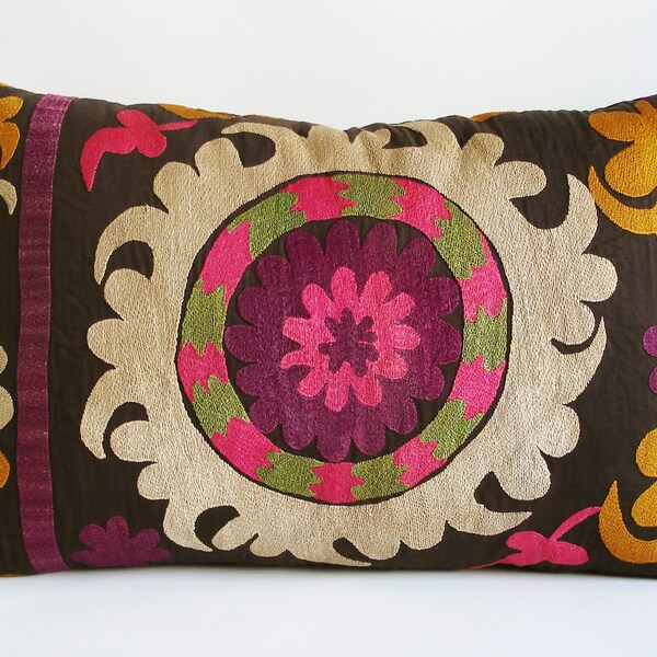 Sukan / Vintage Hand Embroidered Silk Suzani Pillow Cover - 15x24 inch - Egg Yellow Purple Pink Beige Green Dirty Black