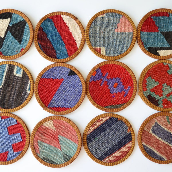 Sukan / Hand Woven - Turkish Antique Kilim Cups Coasters - 12 pcs