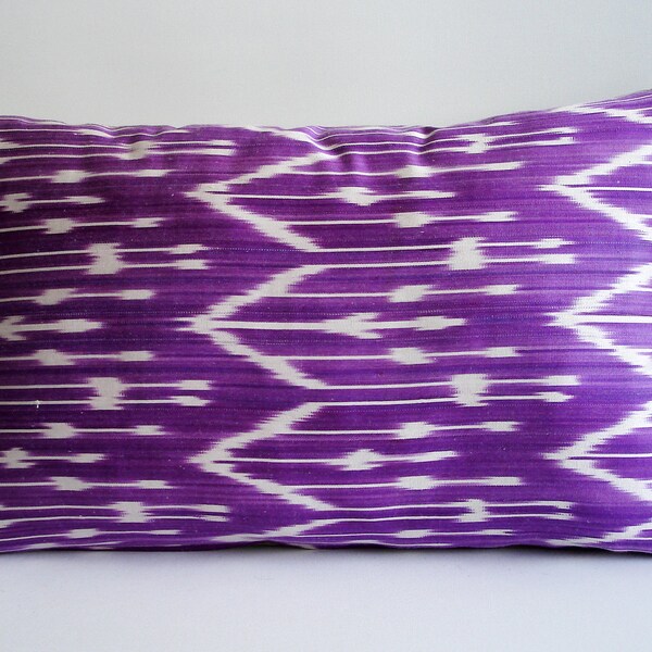 Sukan / Hand Woven Original Silk ikat Lumbar Pillow Cover - Purple, Red Purple, Ivory Color
