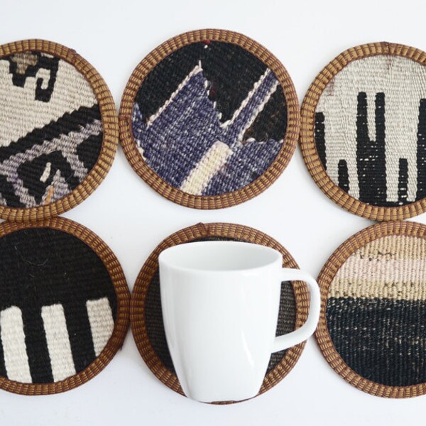Organic Shine Society Modern Bohemian Throw Cups Coasters. Embroidered Handwoven Vintage Tribal Turkish Kilim Cups Coasters - 6 pcs