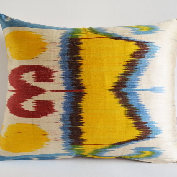 Sukan / Silk Velvet Ikat Pillow Cover Orange - Lumbar Pillow Covers - Throw Pillow - Decorative pillow cover - Silk Pillow - yellow blue