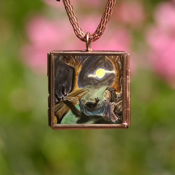 RESERVED Locket WITCHY necklace double sided glass with 2 prints from original pastel paintings