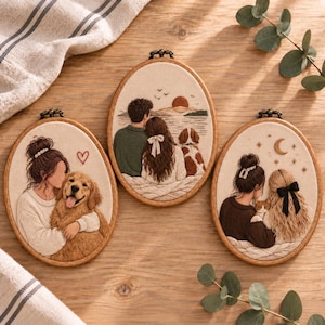 May include: Three oval embroidery hoops featuring detailed thread art. The left hoop shows a person with a golden retriever and a red heart. The centre hoop depicts a couple and a dog watching a sunset. The right hoop shows two people with a cat.