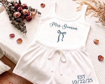 Embroidered Mrs. Pajama Tank Topand Sweatpants,Bride Pajamas,Bridal Shower Outfit,Engagement Gift,Mrs. Tank and Shorts,Mrs Tank & Joggers