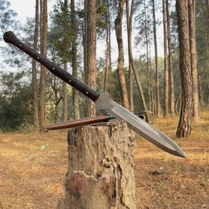 May include: A large, silver-colored sword with a long, textured black handle and a brown sheath. The sword is resting on a tree stump in a forest setting, with tall trees in the background.