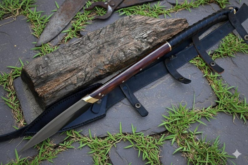 May include: A handmade knife with a dark wooden handle and a sharp, silver blade. The knife rests on a black leather sheath, with a wooden block and other tools in the background. The knife has brass accents.