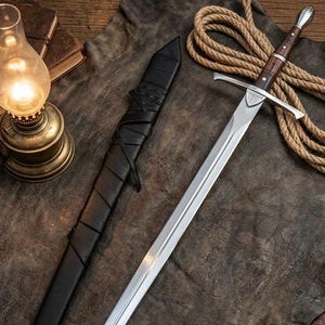 Hand Forged Medieval Longsword with Leather Scabbard, Fantasy Display Collectible, Personalized Groomsmen Gift