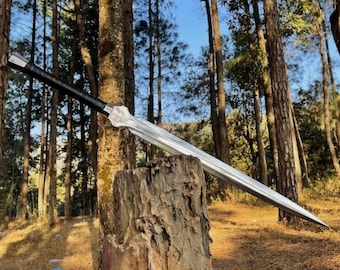 May include: A long, silver sword with a black handle rests on a tree stump. The blade is highly polished, reflecting the surrounding forest. The sword's design features a crossguard and a pointed tip, suggesting a medieval or fantasy theme.
