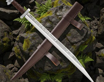 Runisk lång seax dekorativ replika, nordisk vikingastil med läderslida
