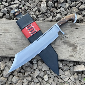 Hand Forged Bowie Knife with Leather Sheath, Walnut Handle - Hunting, Camping, Survival Knife