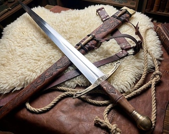 Hand Forged Fantasy Cosplay Sword, 38" Medieval Display Collectible Greatsword, Leather Wrapped Handle, Walnut Scabbard, Gift for him