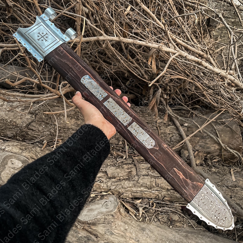 Decorative wooden scabbard with Damascus inlays and steel accents designed for a medieval and Viking style sword display