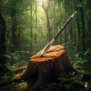 May include: A large, ornate knife with a silver blade and a brown, studded handle is embedded in a tree stump. The knife is set against a backdrop of a lush green forest, with sunlight filtering through the trees.
