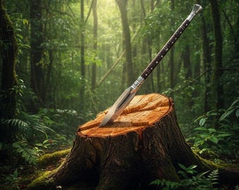 Lanza de caza de acero de alto carbono forjada a mano / Mango de palisandro, funda de cuero