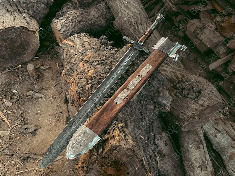 Angled view of a handcrafted Damascus steel Knight Templar Sword with scabbard highlighting detailed craftsmanship